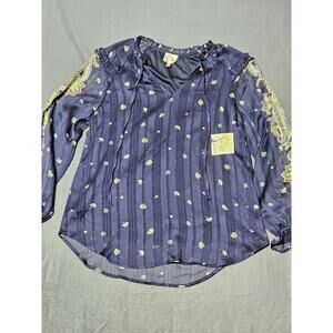 Fig & Flower Top Womens Medium Navy Blue Peasant Blouse Lined Neck Tie Casual